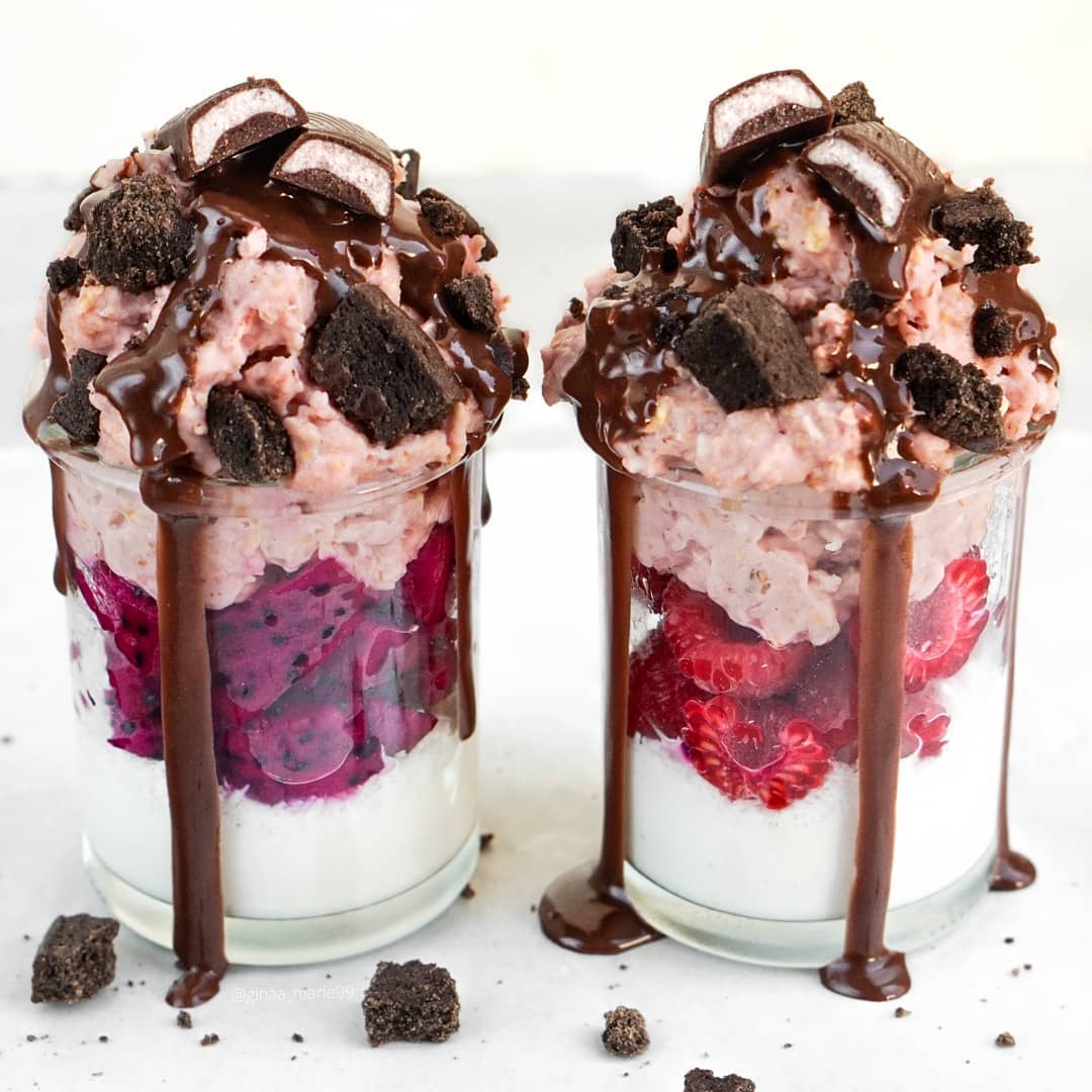 Sticky Raspberry Yogurt Proats with Chocolate Toppings