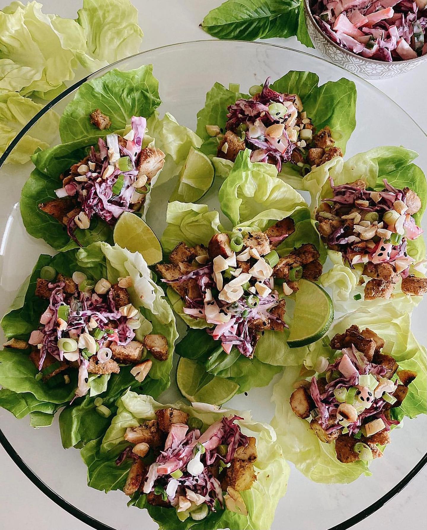 Grilled Chicken Lettuce Tacos with Cabbage and Apple Slaw