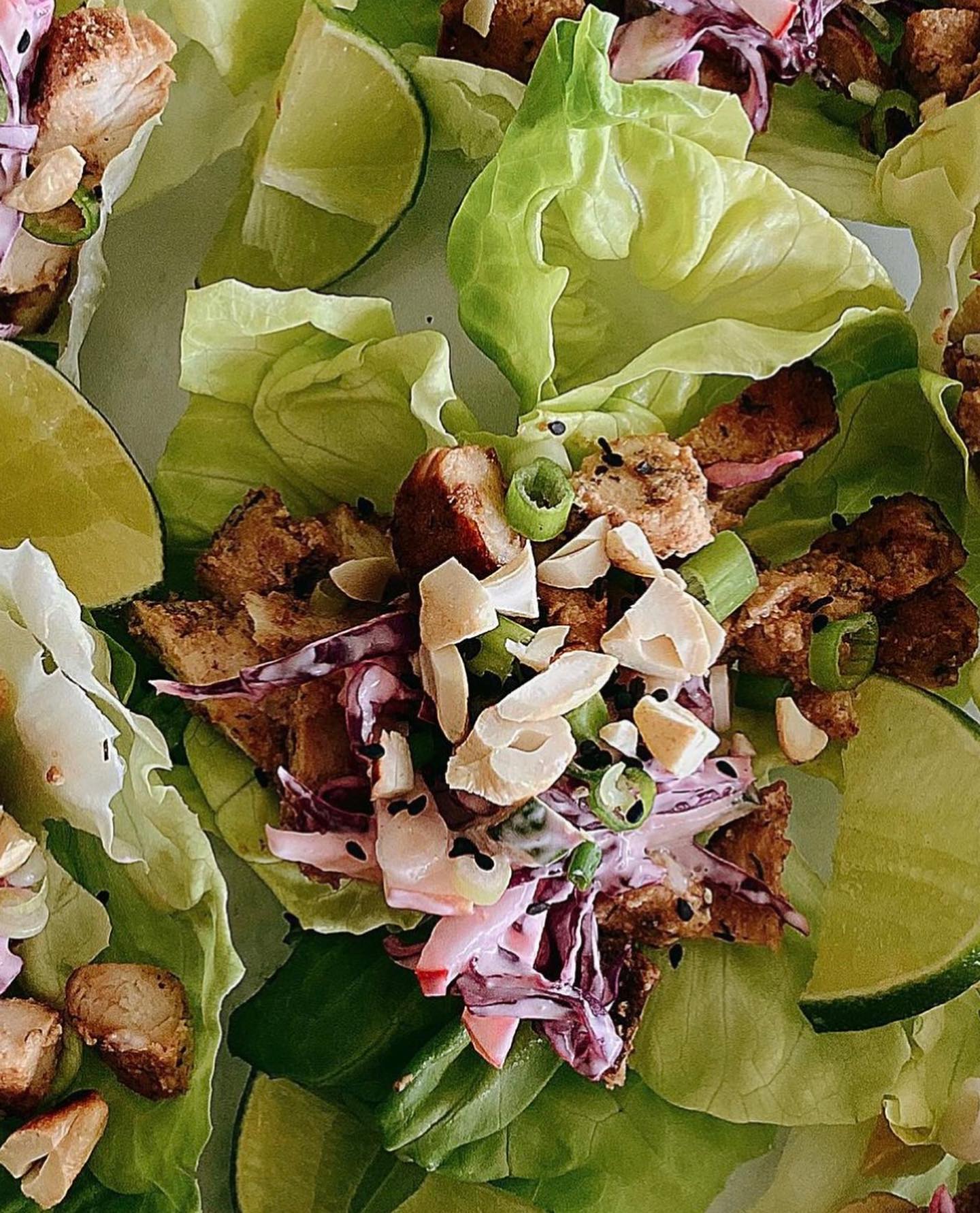 Grilled Chicken Lettuce Tacos with Cabbage and Apple Slaw