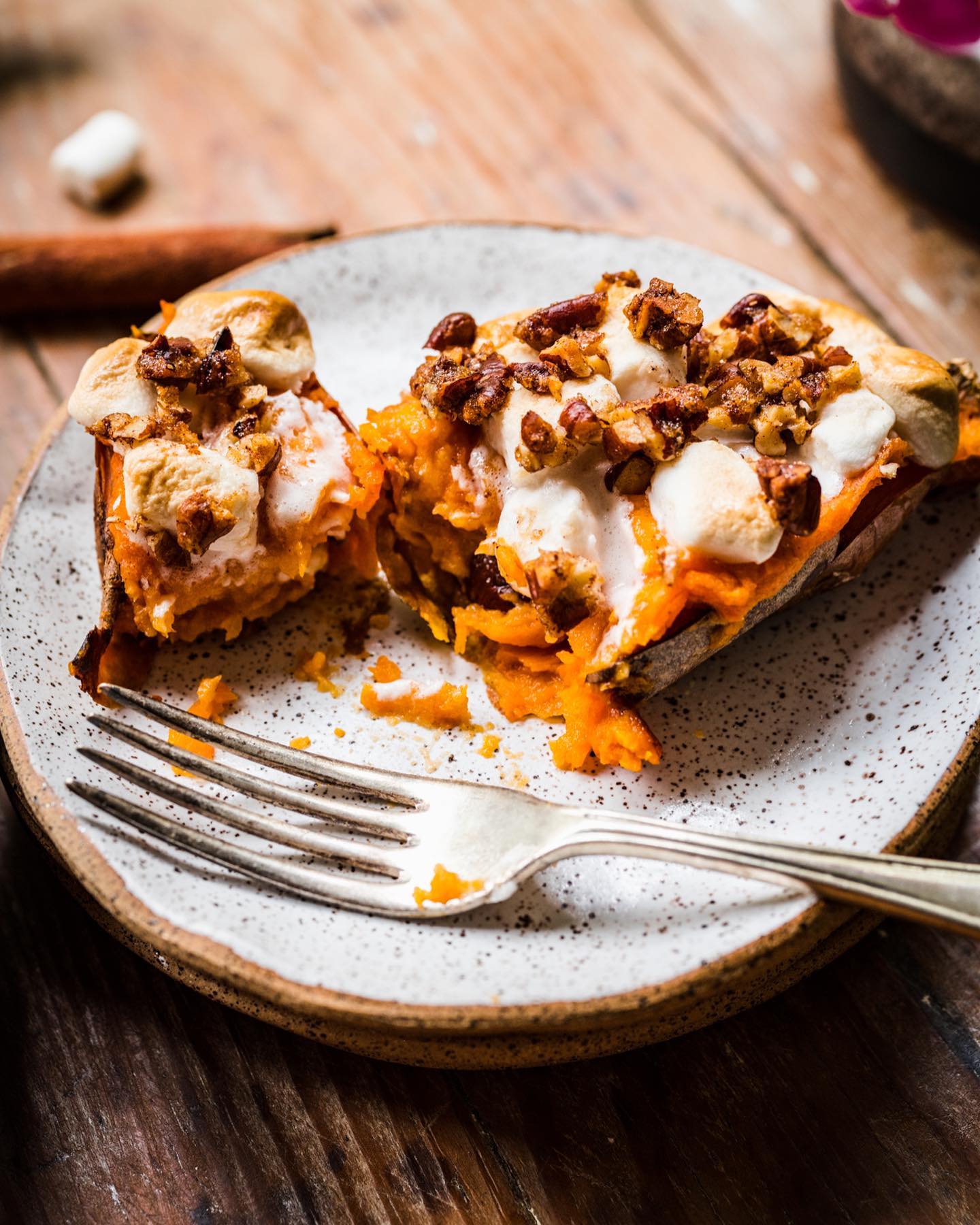 Twice Baked Sweet Potatoes with Marshmallows and Pecans