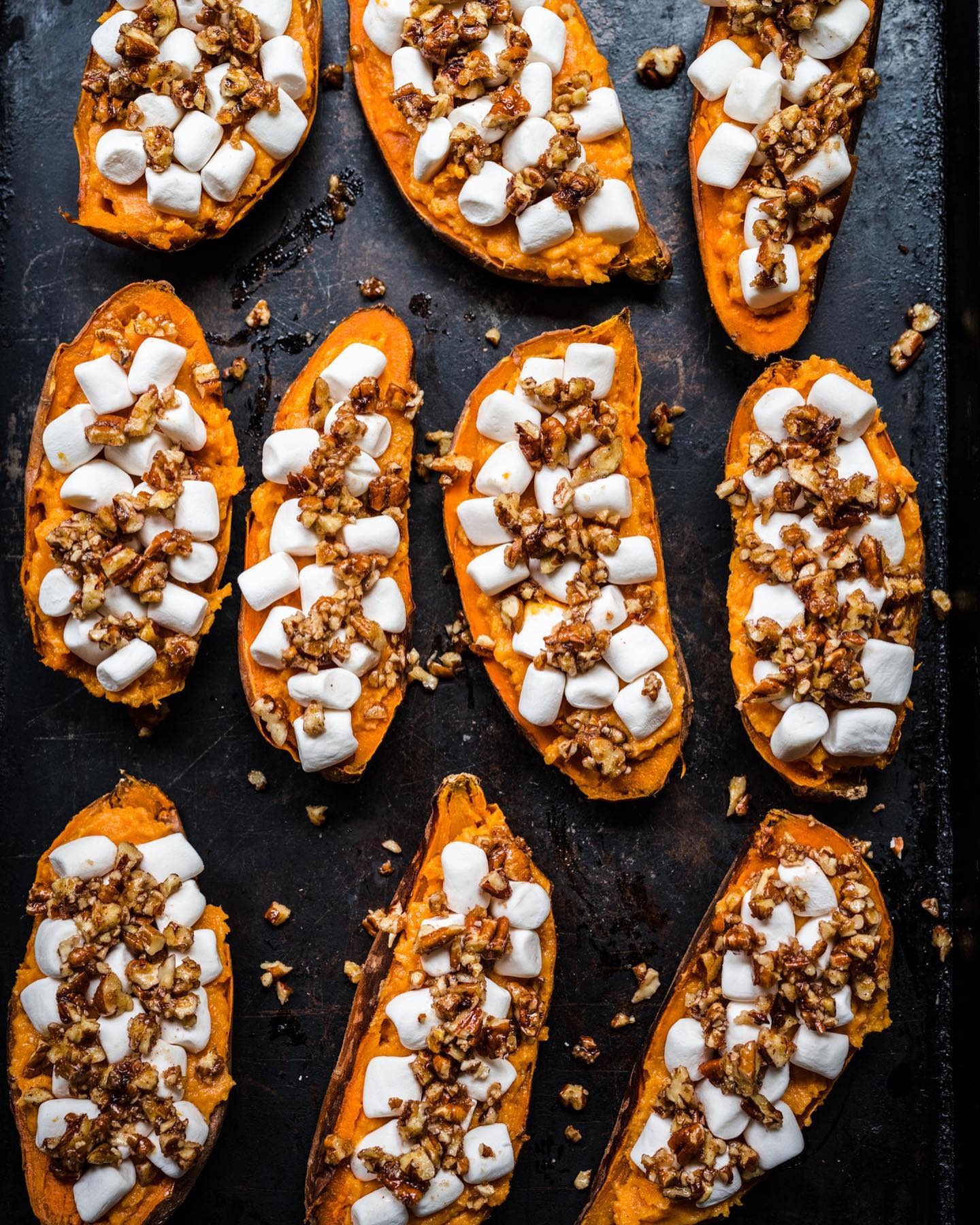 Twice Baked Sweet Potatoes with Marshmallows and Pecans