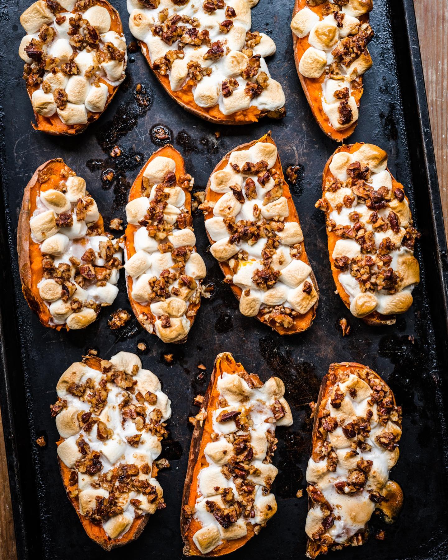 Twice Baked Sweet Potatoes with Marshmallows and Pecans