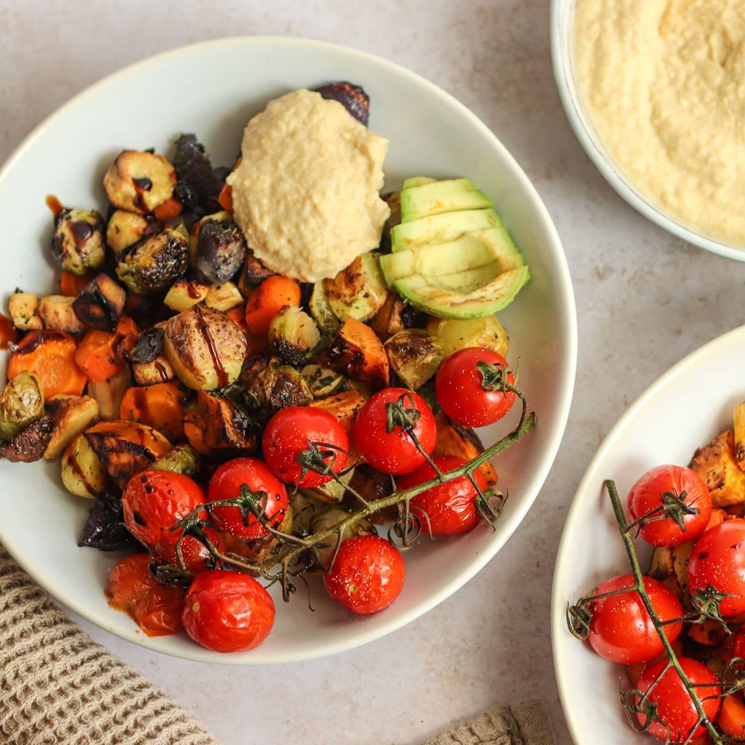 Roasted Mixed Vegetables with Simple Hummus