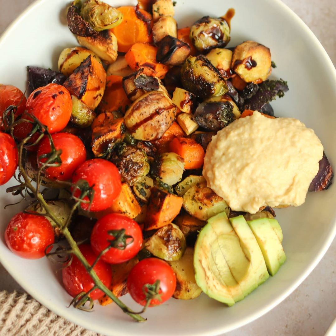 Roasted Mixed Vegetables with Simple Hummus