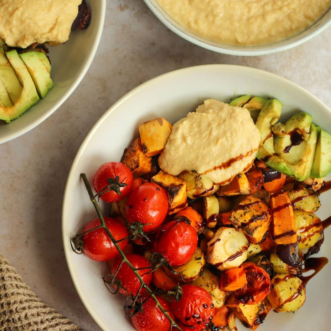 Roasted Mixed Vegetables with Simple Hummus