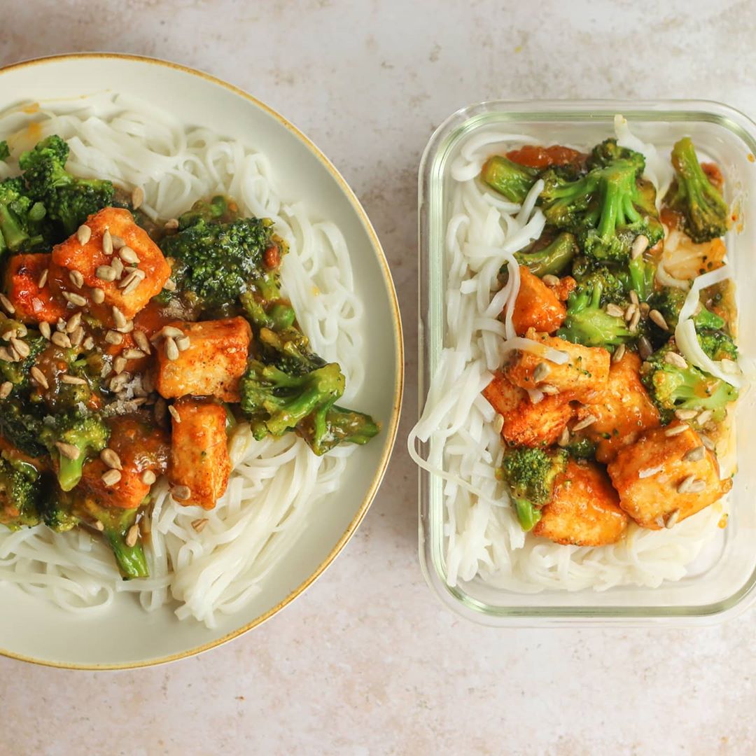 Orange Tofu and Broccoli with Rice Noodles