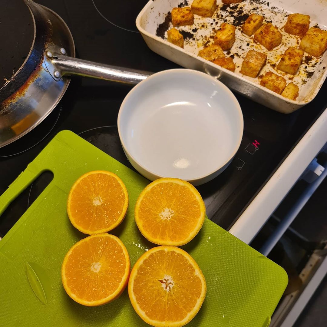 Orange Tofu and Broccoli with Rice Noodles