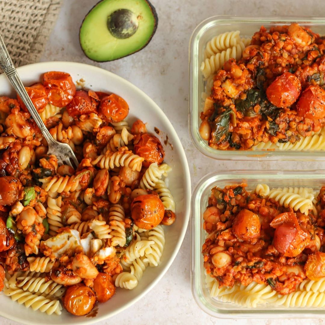 White Bean Lentil Bolognese with Roasted Tomatoes