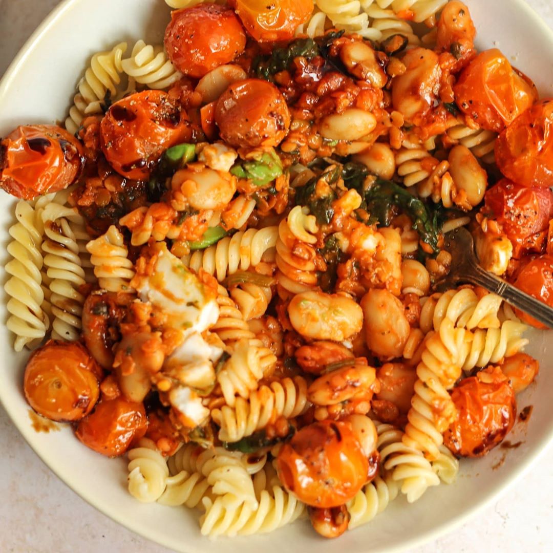 White Bean Lentil Bolognese with Roasted Tomatoes