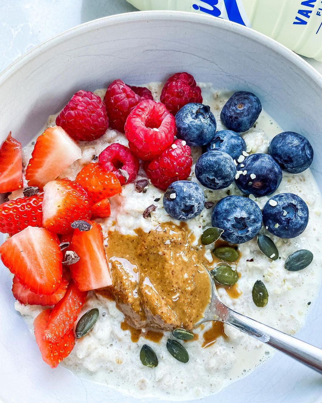 Vanilla Overnight Oats with Almond Butter Topping
