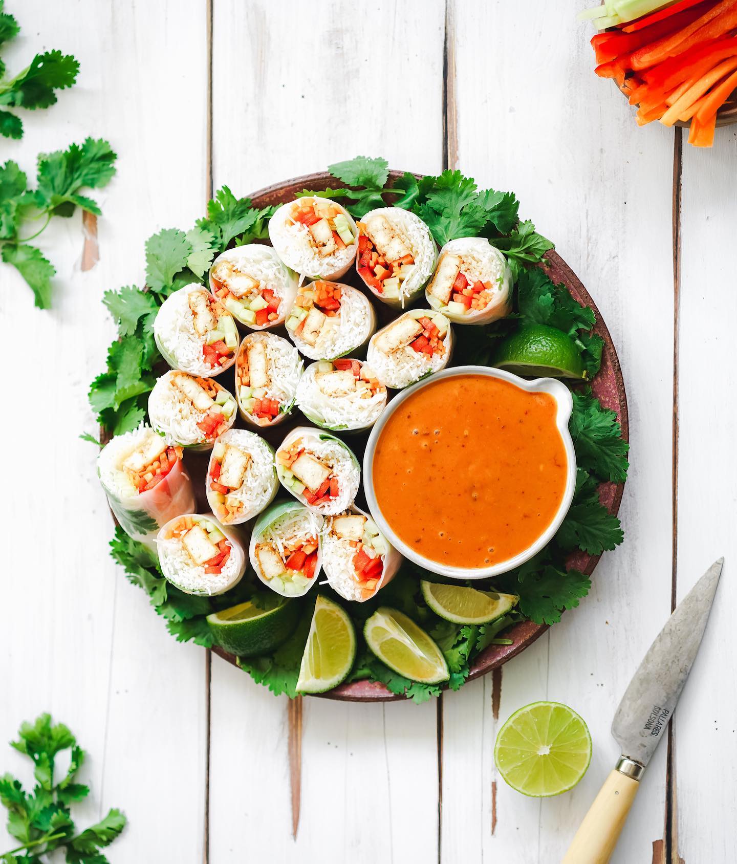 Vietnamese-Inspired Vegan Summer Rolls with Harissa Peanut Butter Dipping Sauce