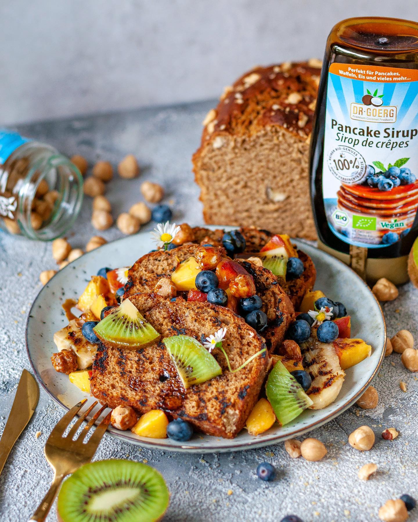 Vegan Hazelnut Bread with Grilled Fruits and Syrup