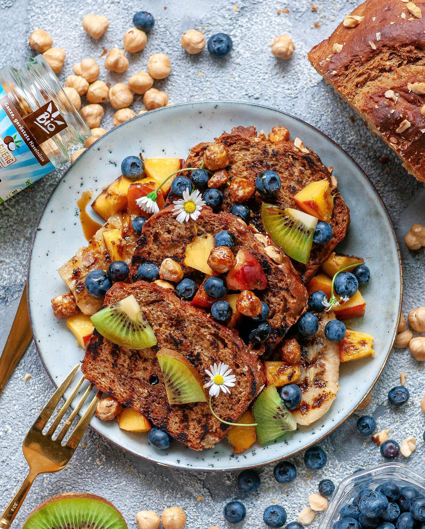 Vegan Hazelnut Bread with Grilled Fruits and Syrup