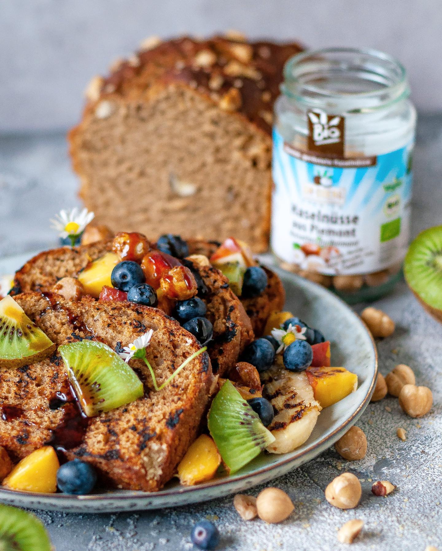 Vegan Hazelnut Bread with Grilled Fruits and Syrup