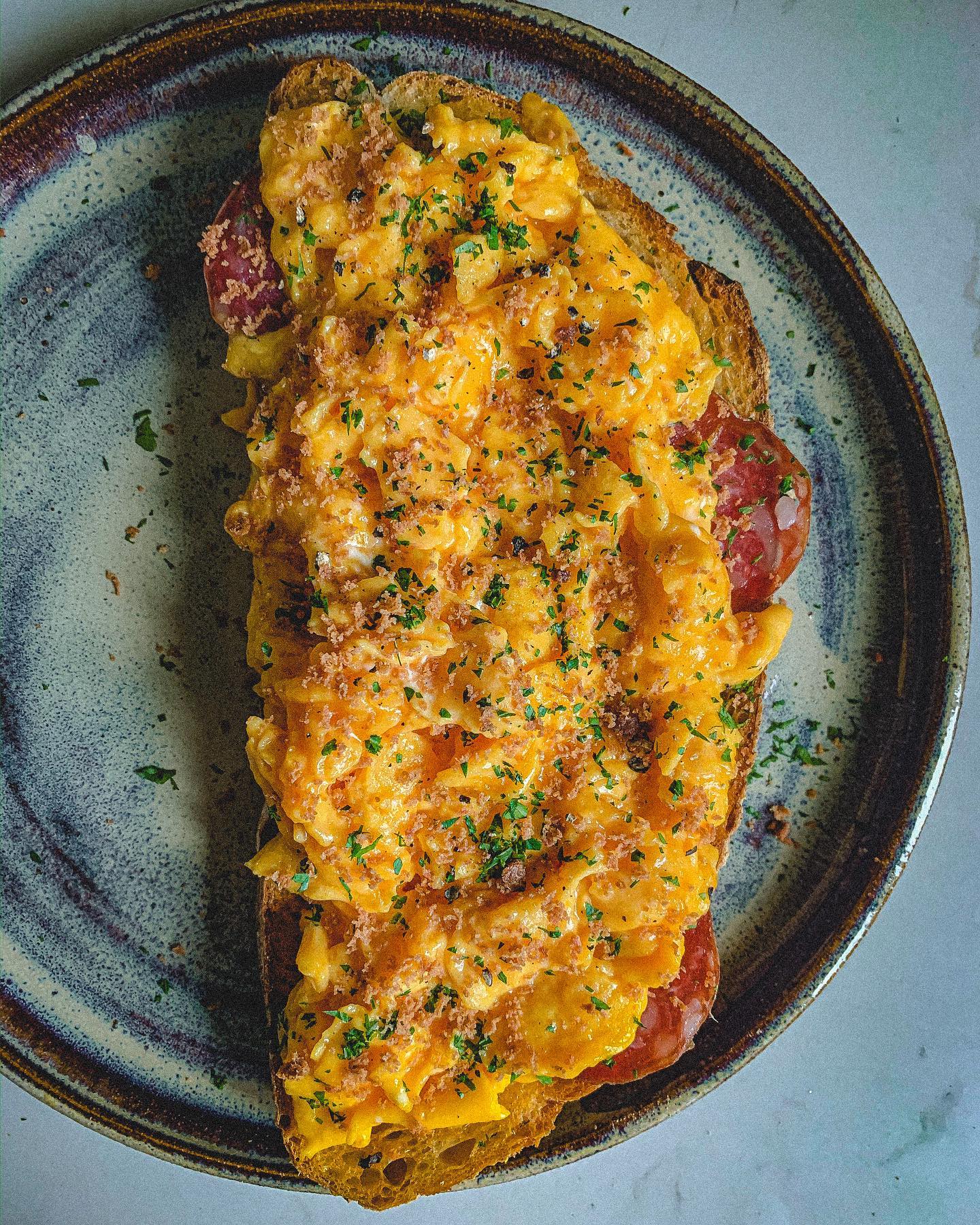 Scrambled Eggs with Saucisson and Bottarga on Sourdough