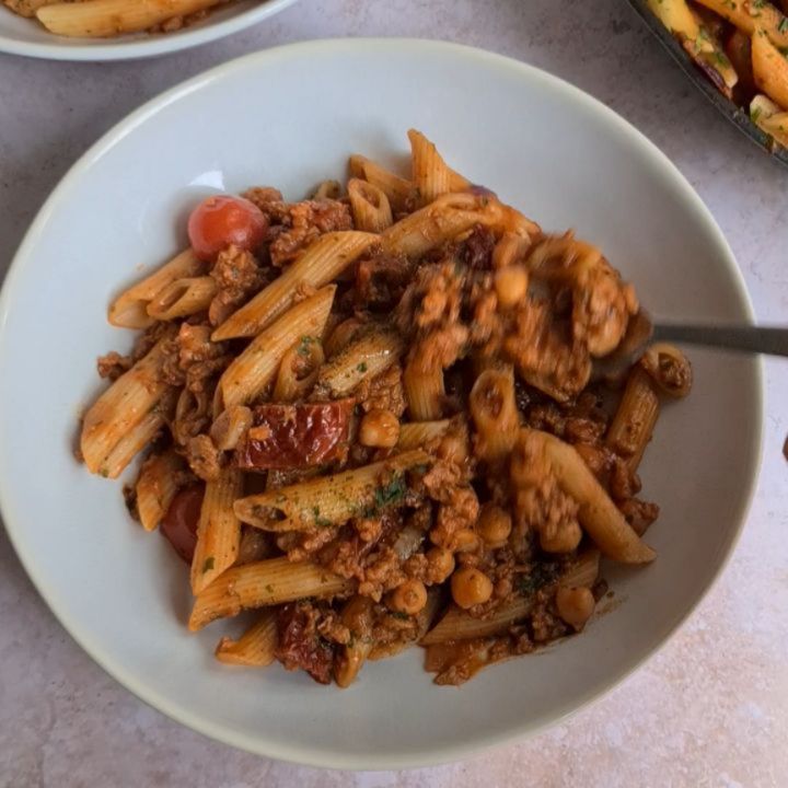 Delicious Vegan Pasta Bolognese with Soy Mince and Chickpeas