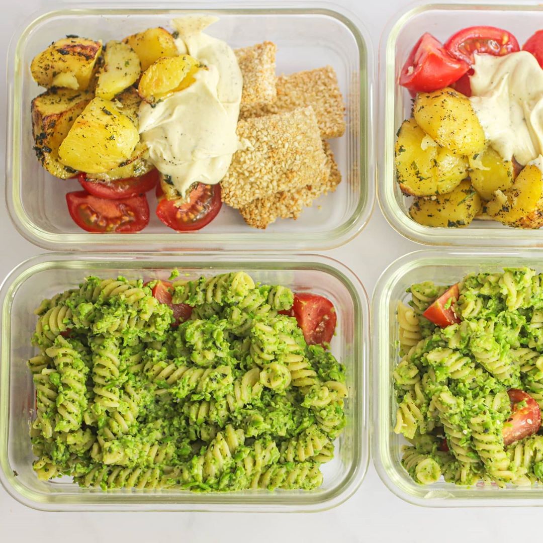 Vegan Green Pea Pesto Pasta with Tofu Fish and Roasted Potatoes