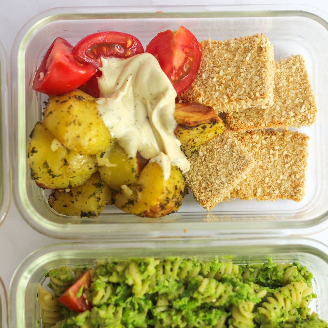 Vegan Green Pea Pesto Pasta with Tofu Fish and Roasted Potatoes
