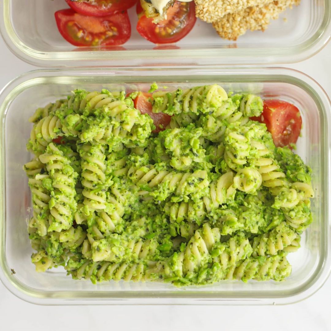 Vegan Green Pea Pesto Pasta with Tofu Fish and Roasted Potatoes