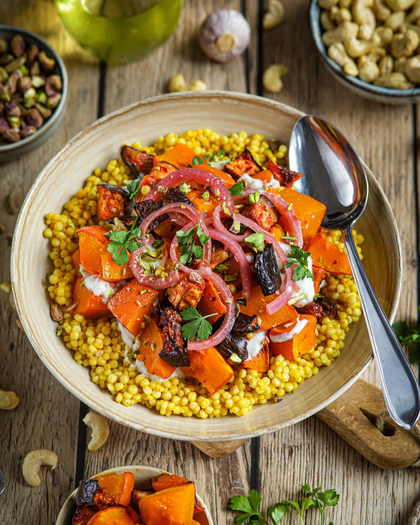 Spiced Pearl Couscous Salad with Harissa Eggplant and Pumpkin