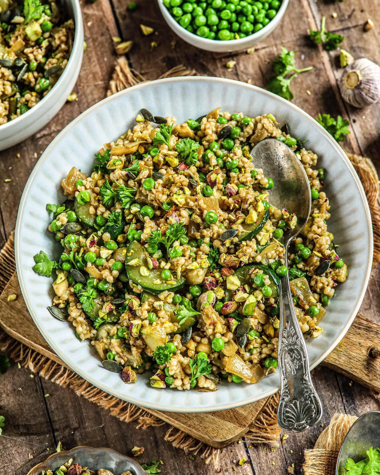 Pearl Couscous Salad with Baked Zucchini and Tahini Dressing