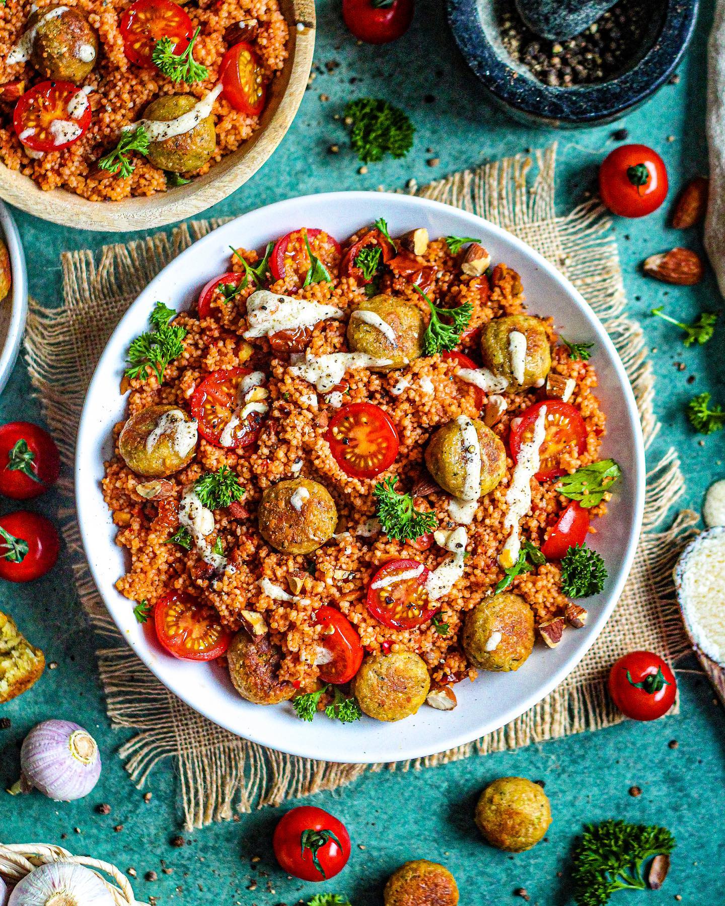 Tomato Couscous Salad with Falafel and Tahini Dressing