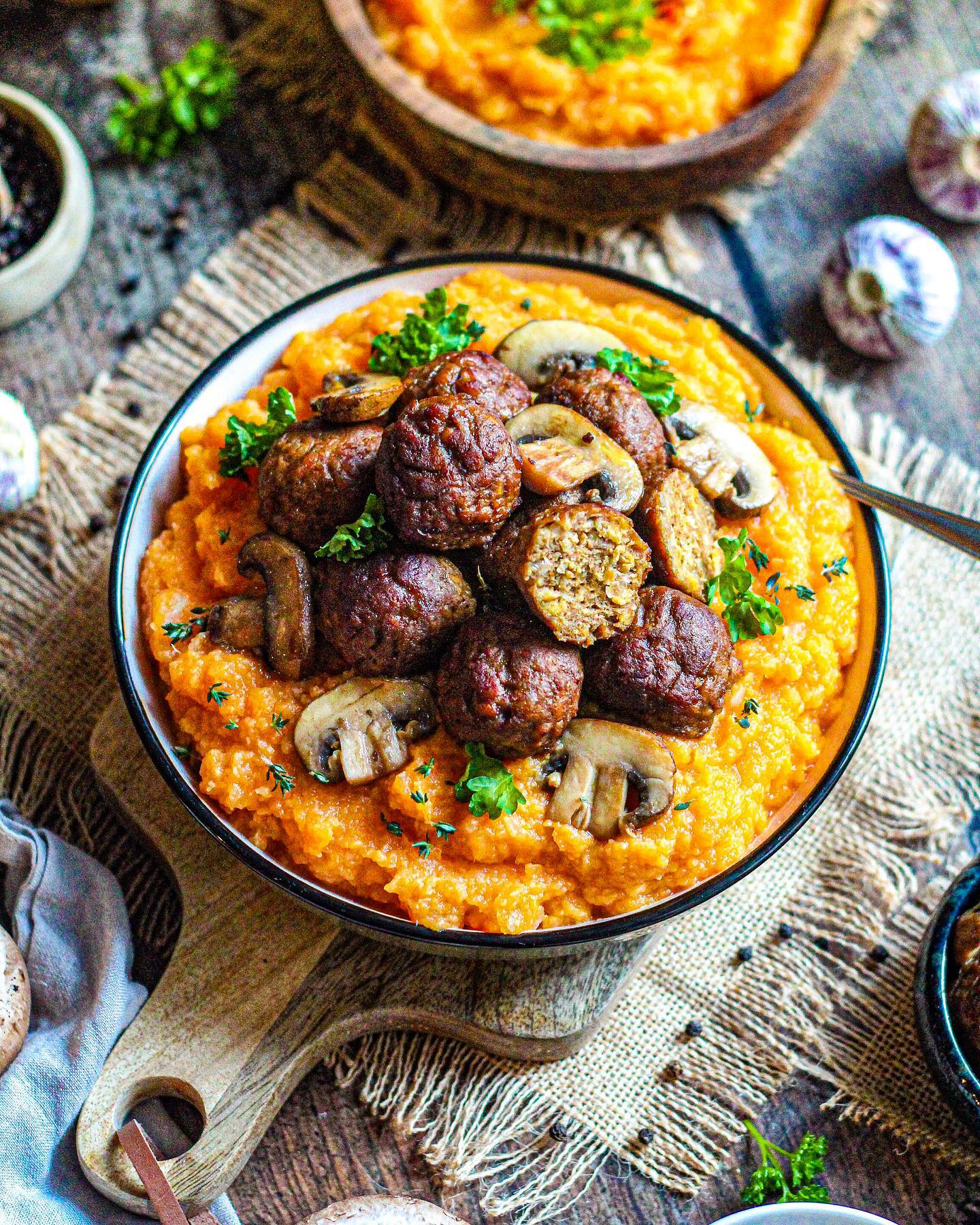 Sweet Potato Celeriac Puree with Vegan Meatballs