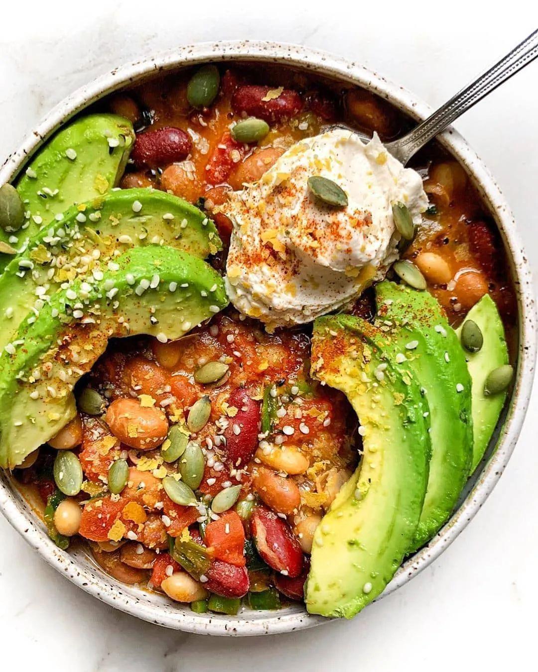 Three Bean Chili with Avocado Topping