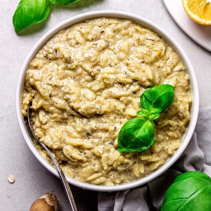 Vegan Lemon Orzo with Zucchini Parmesan
