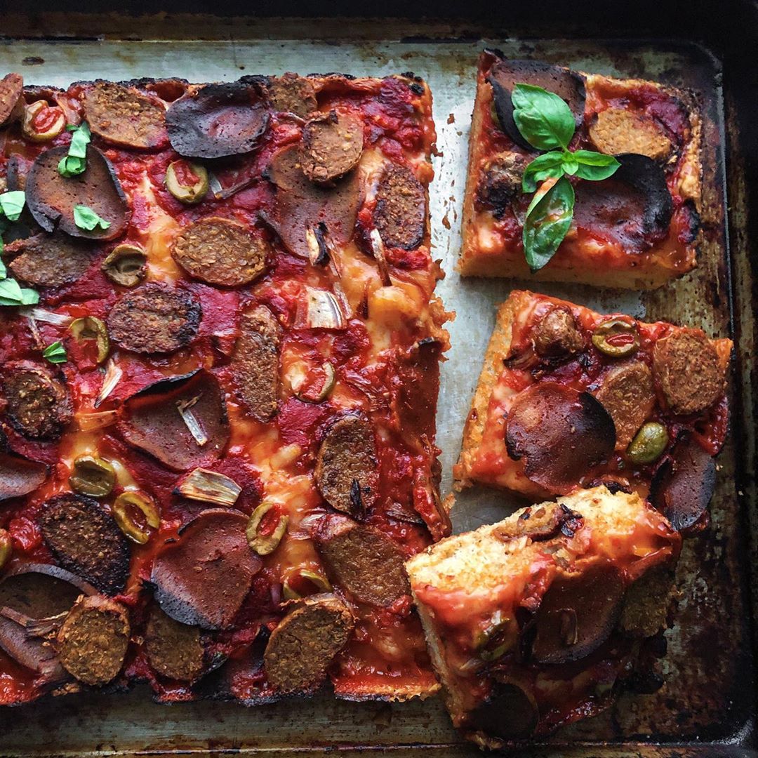 Vegan Meat Lovers Detroit Style Pizza