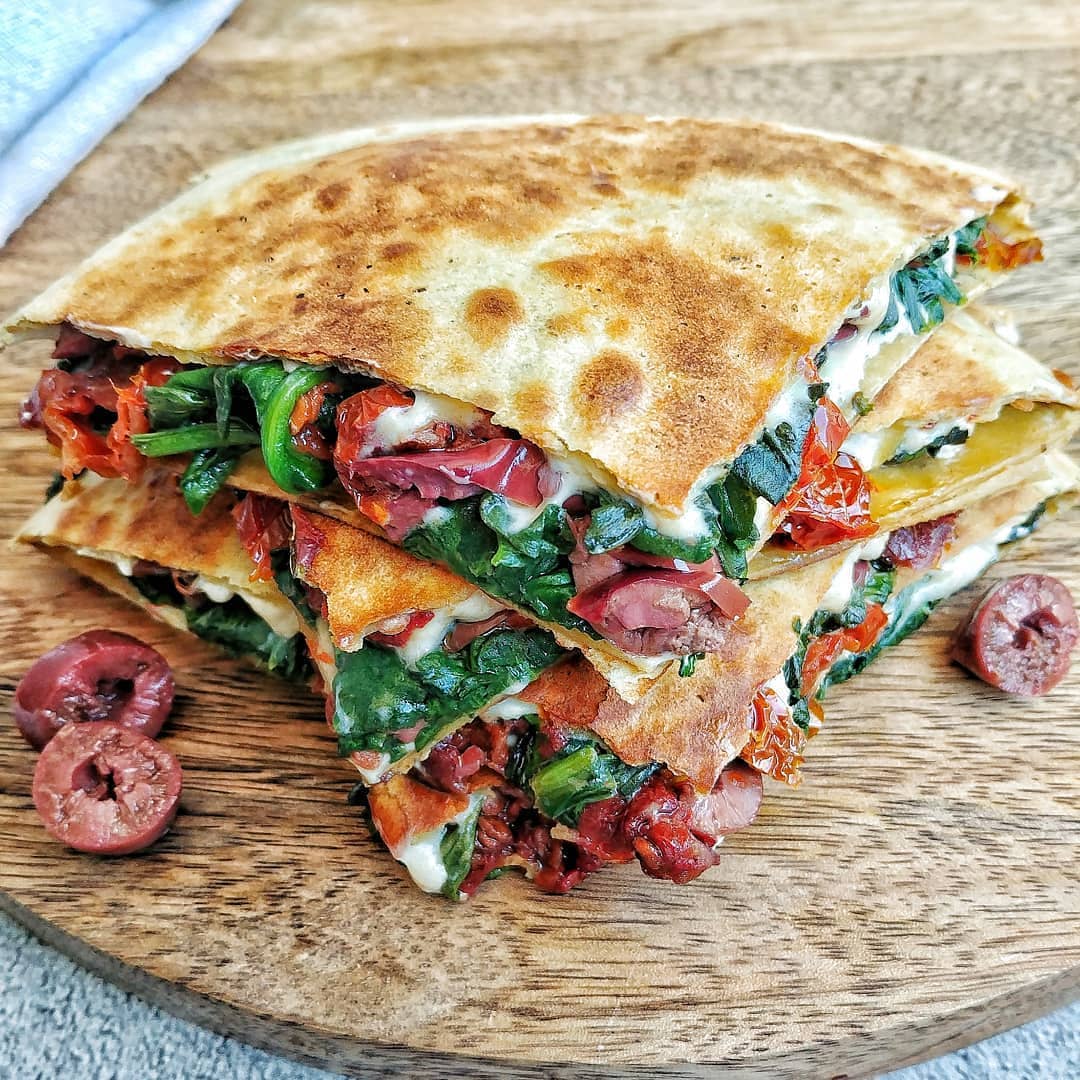 Spinach Olive and Sun-Dried Tomato Quesadilla