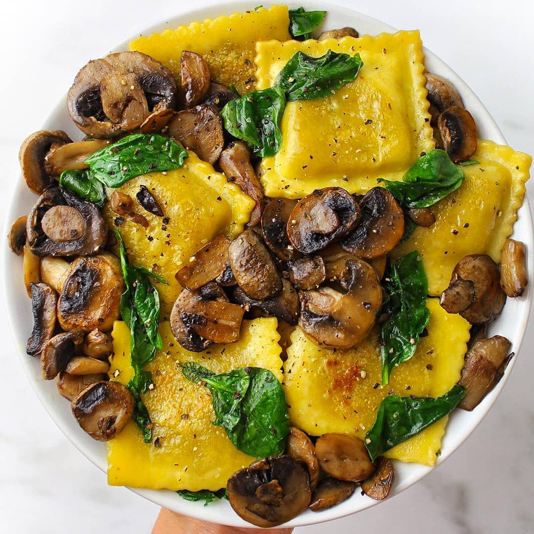 Vegan Mushroom Ravioli with Sautéed Mushrooms and Spinach