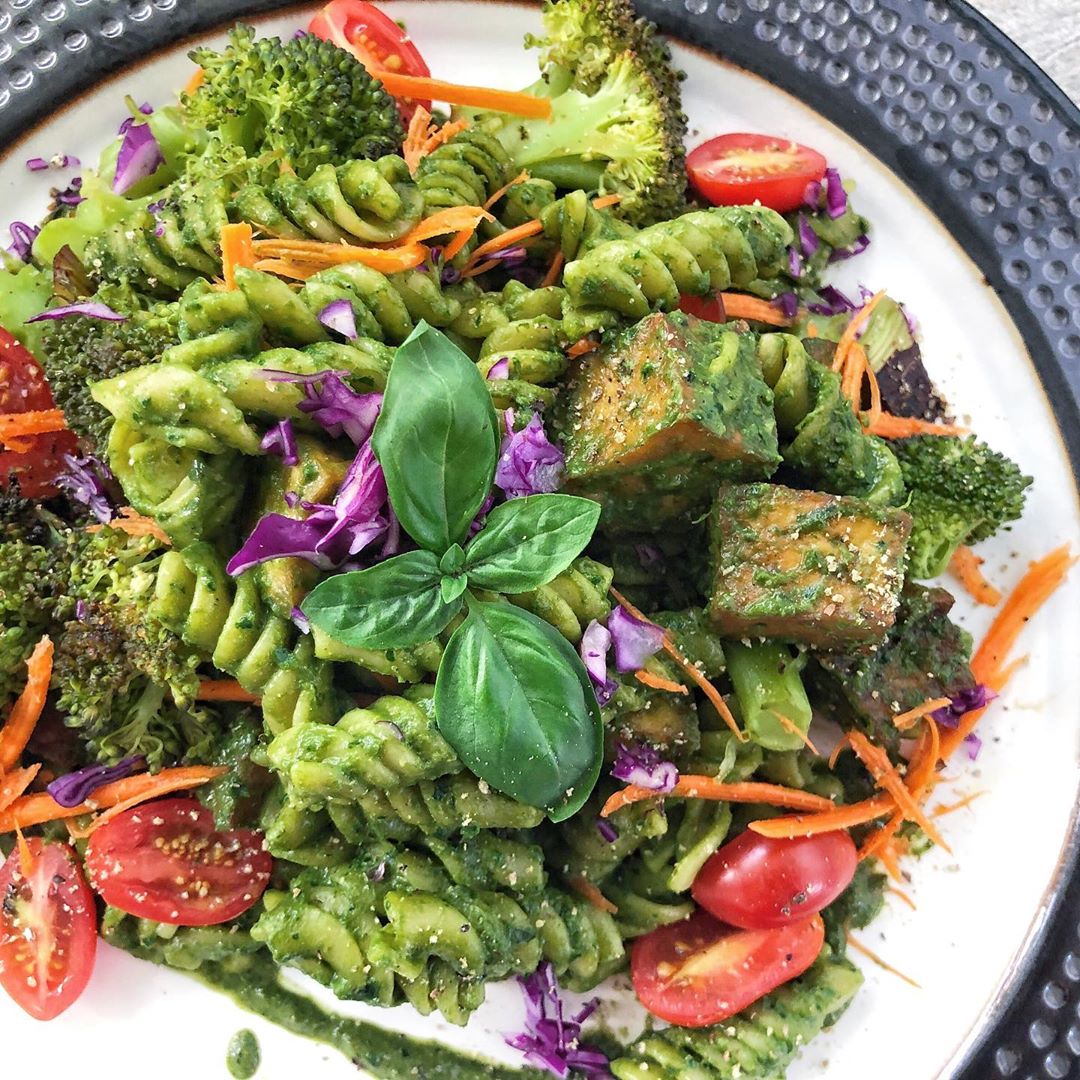 Pesto Pasta Loaded with Veggies and Baked Tofu