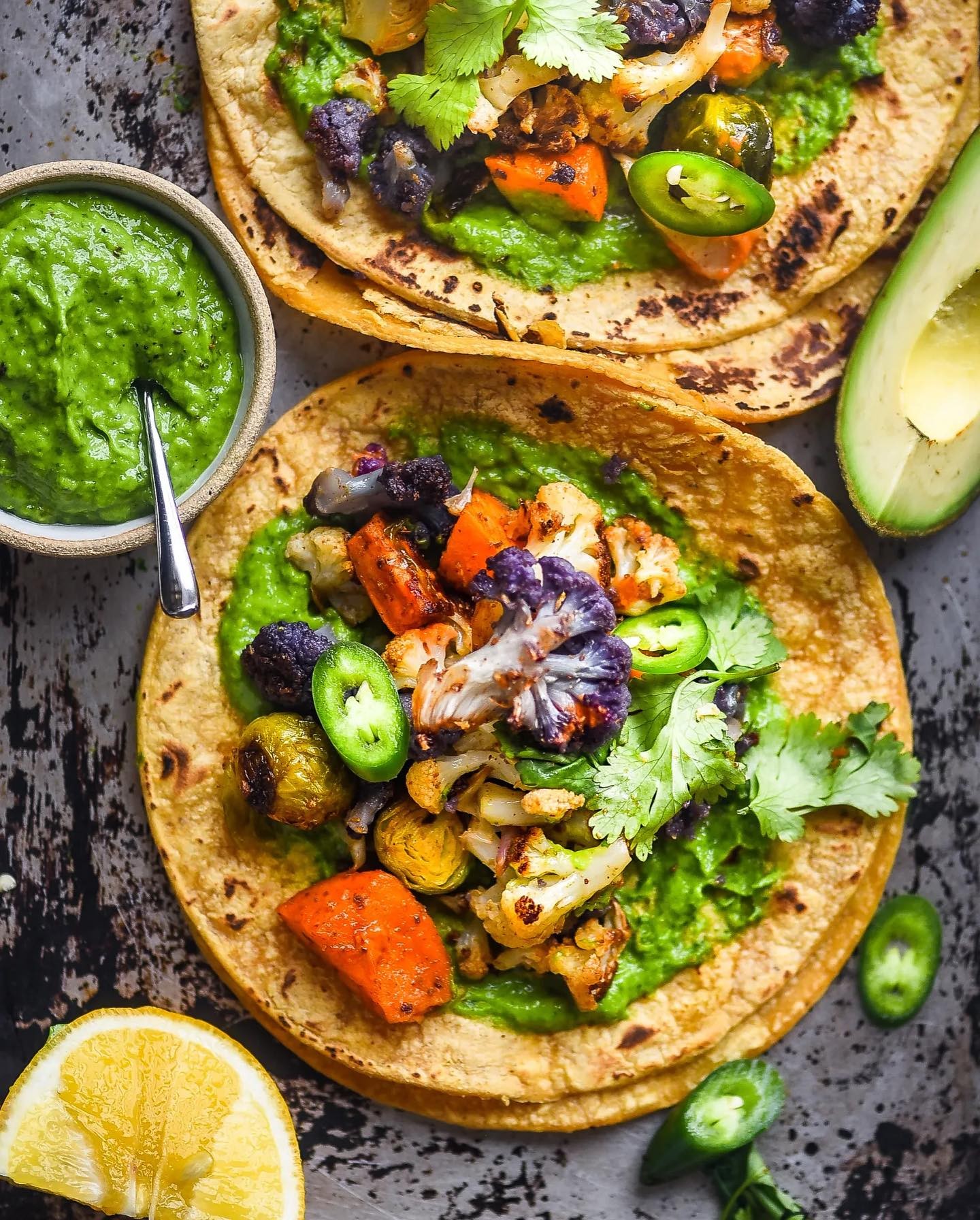 Chipotle Roasted Veggie Tacos with Avocado Chimichurri