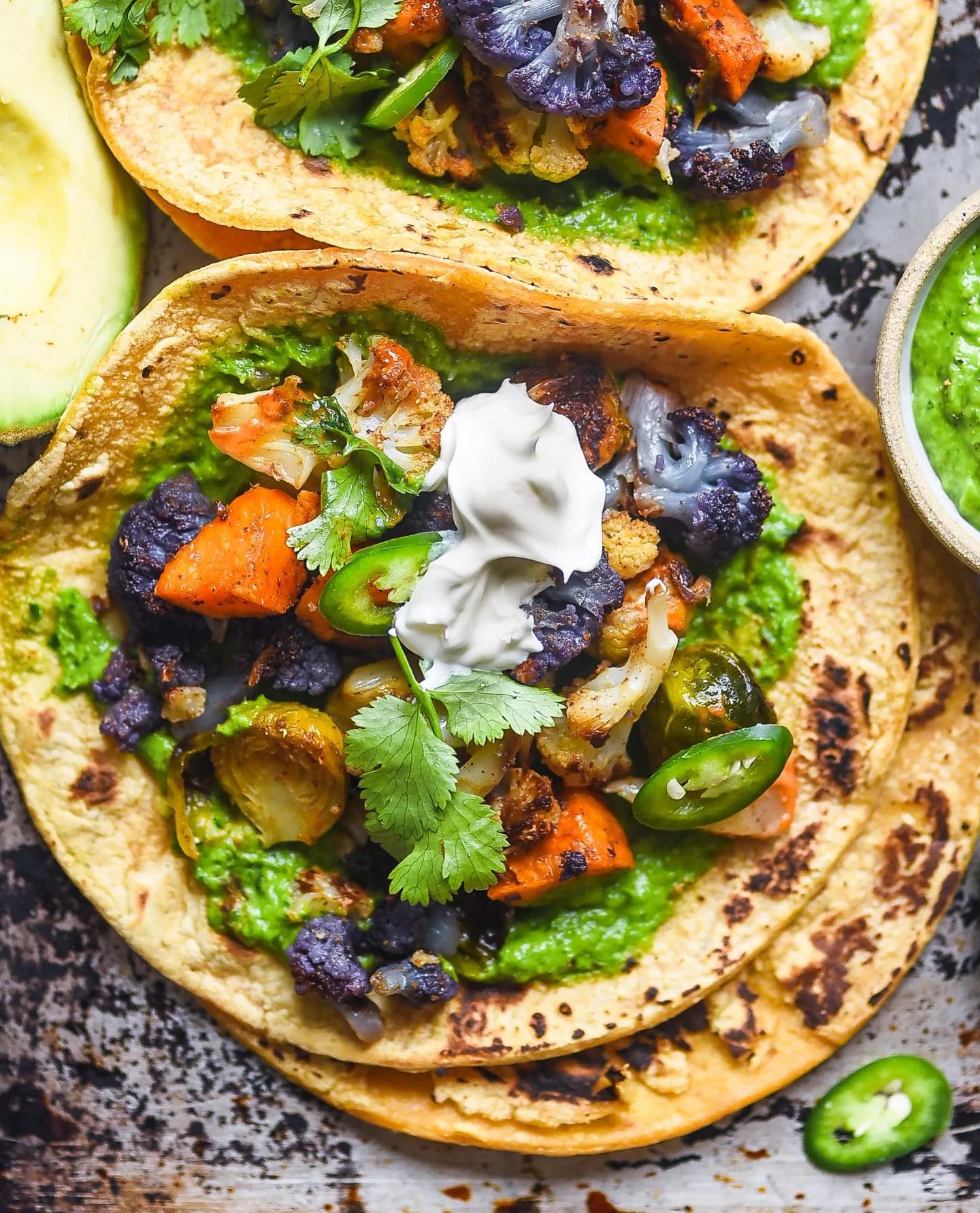 Chipotle Roasted Veggie Tacos with Avocado Chimichurri