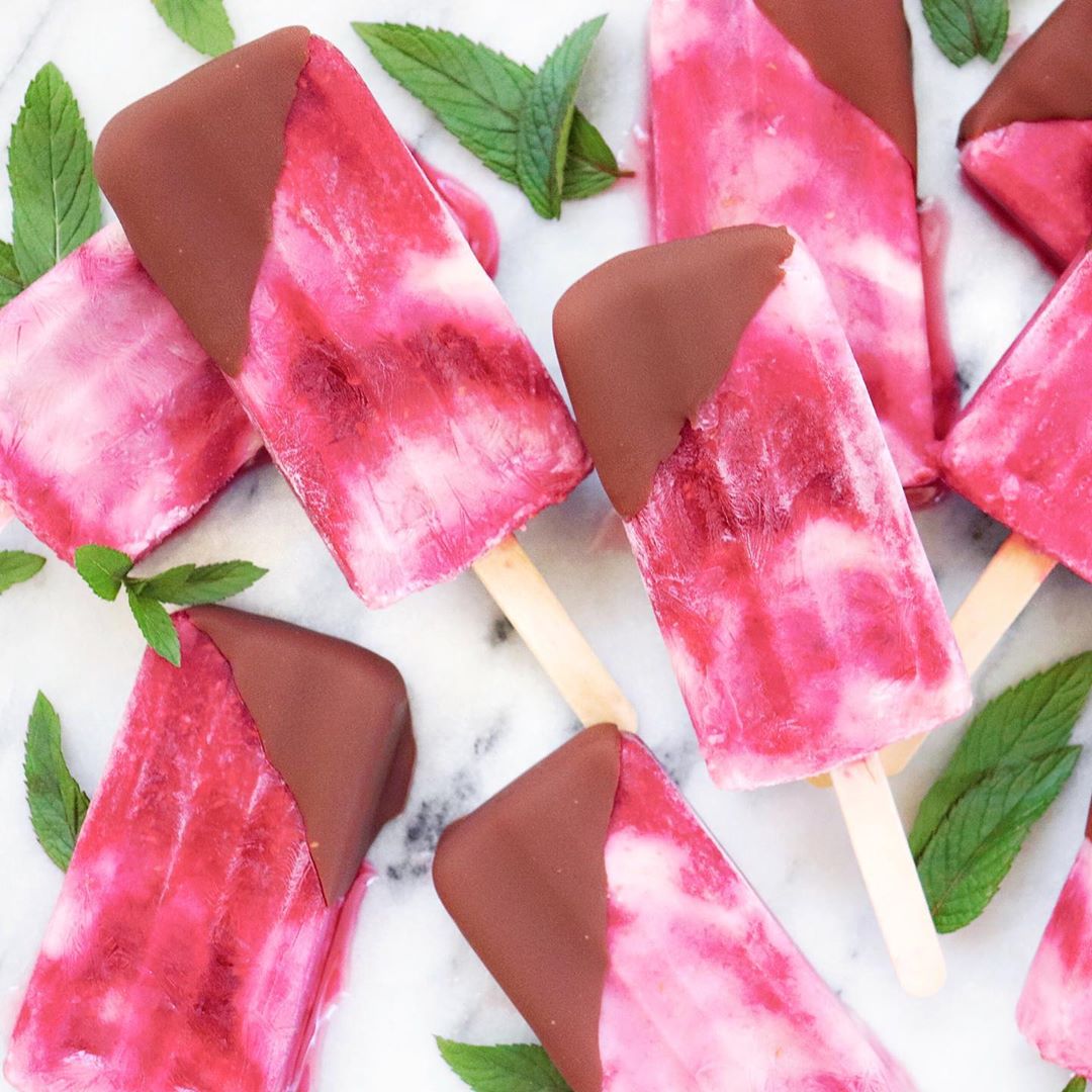 Chocolate Dipped Raspberry Mint Popsicles