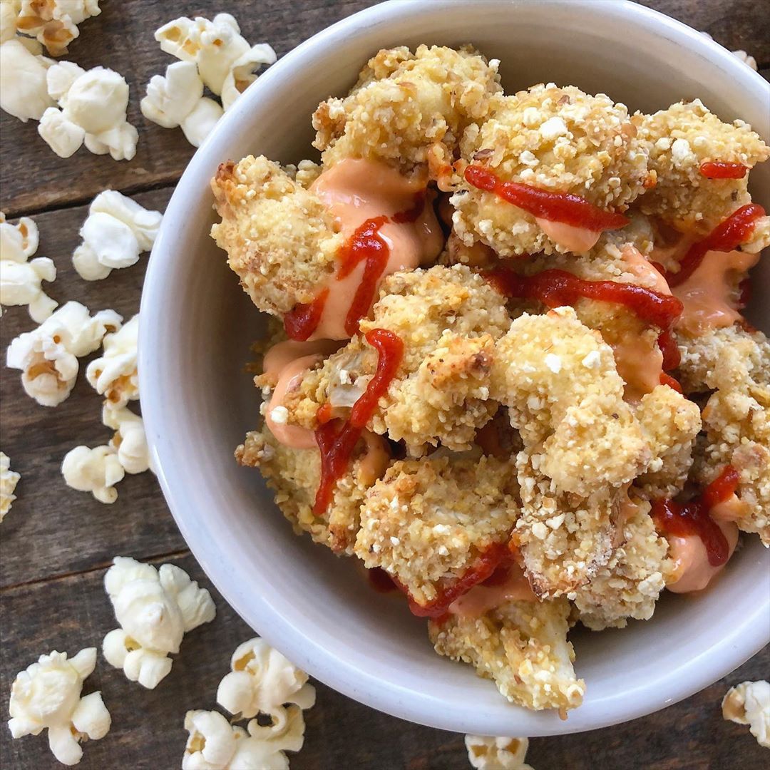 Baked Popcorn Cauliflower with Tofu Coating