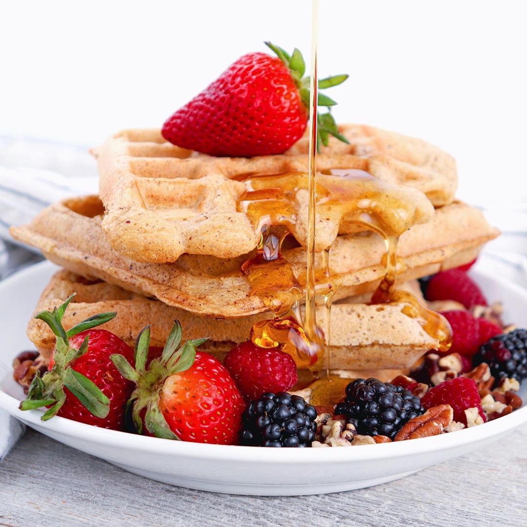 Overnight Yeasted Waffles with Syrup Pour