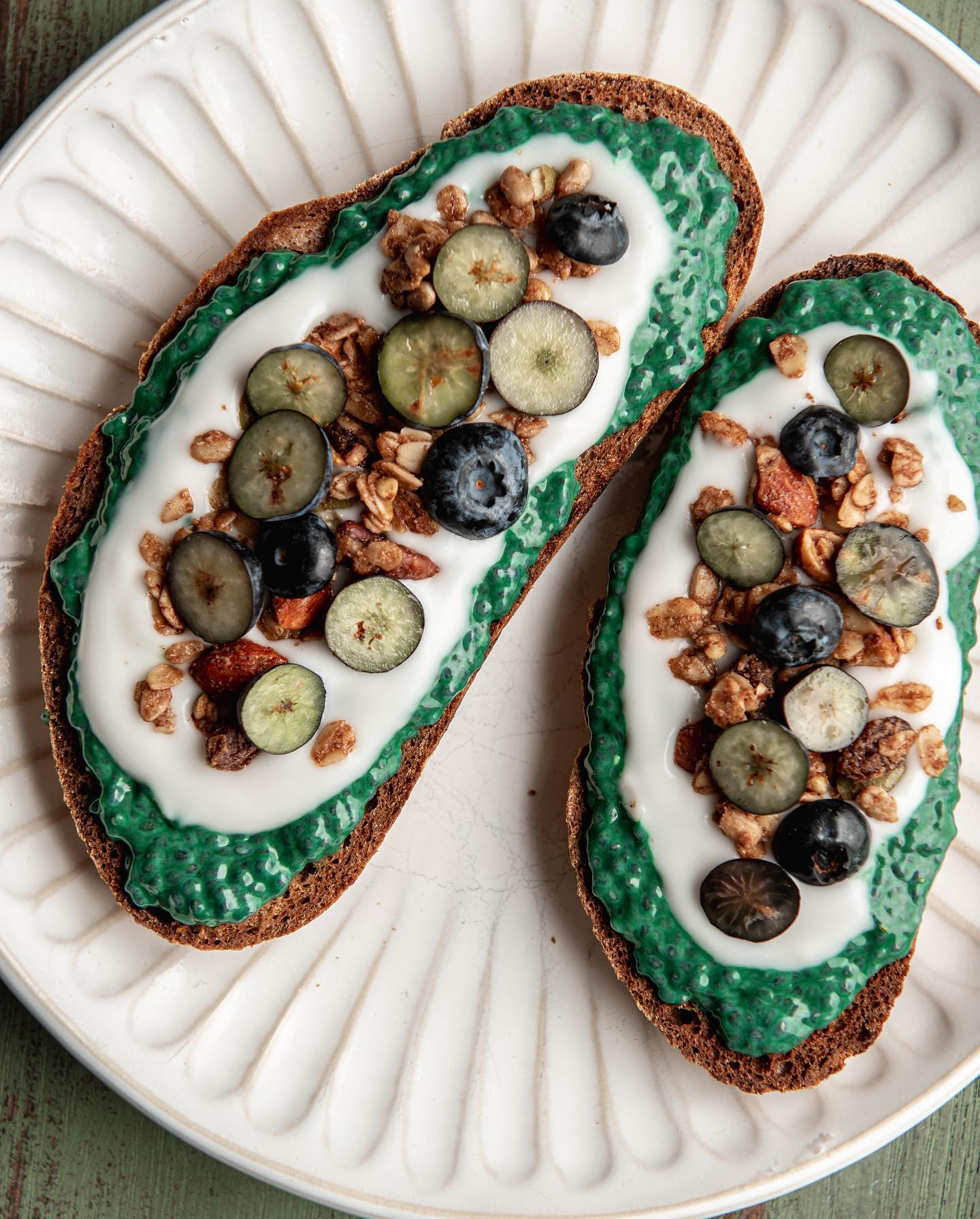 Green Chia Pudding Toast with Coconut Yogurt and Blueberries