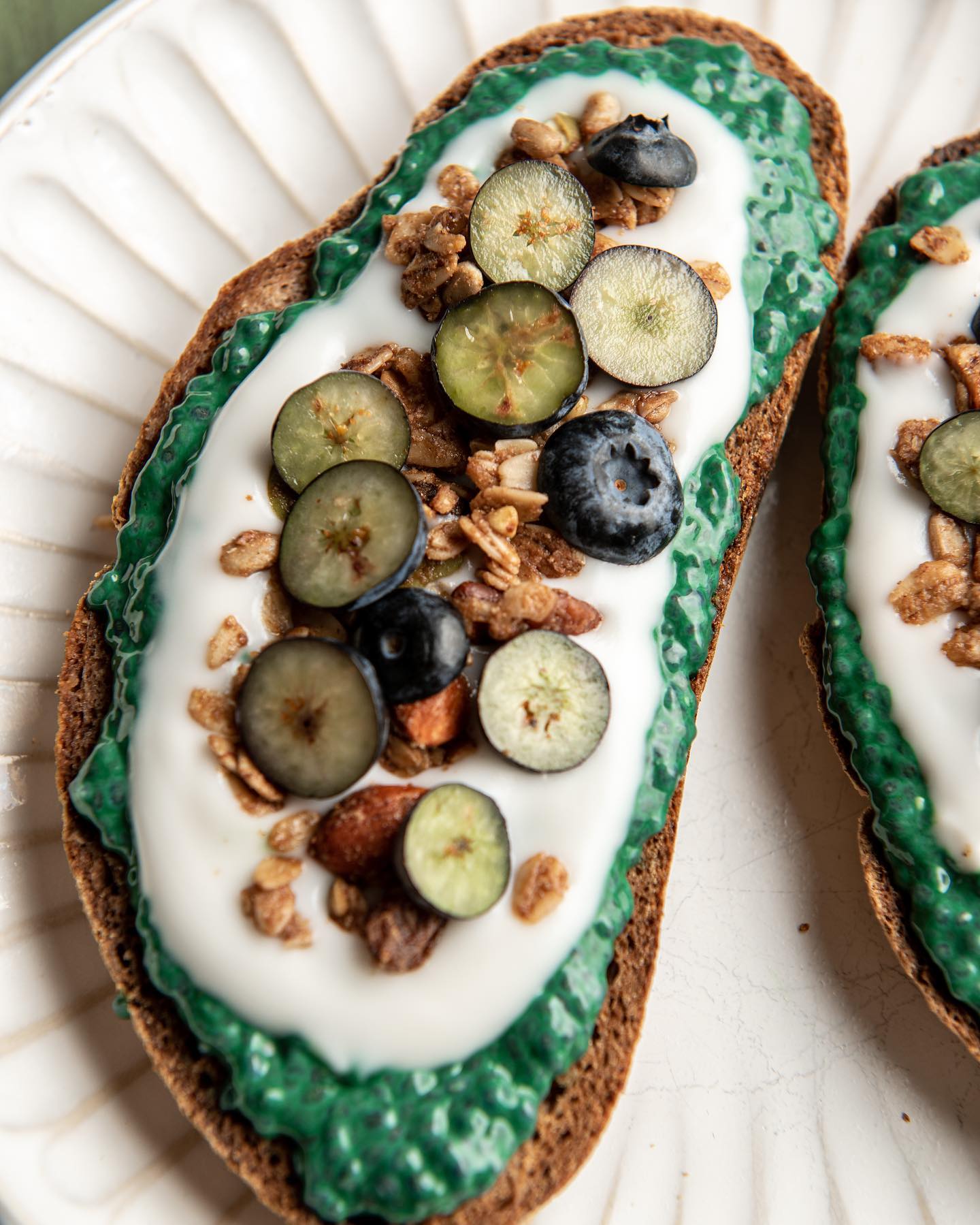 Green Chia Pudding Toast with Coconut Yogurt and Blueberries