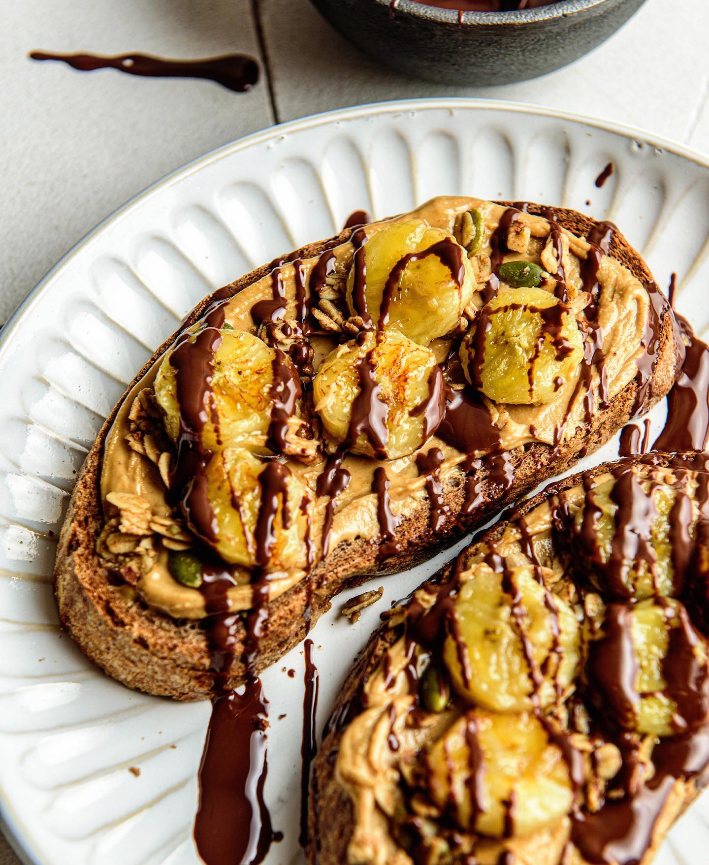 Caramelized Banana Peanut Butter and Chocolate Toasts