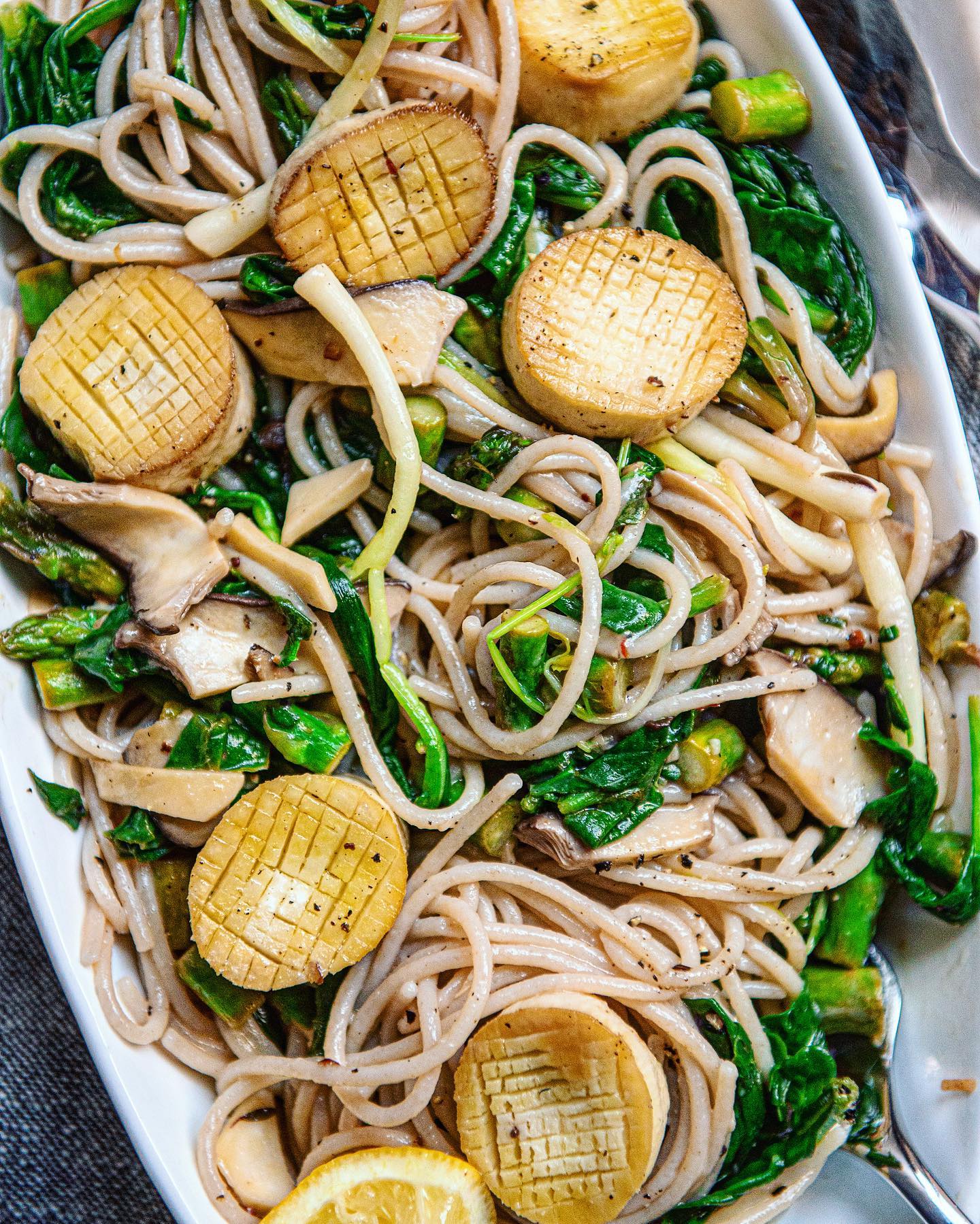 Lemon Spaghetti with Ramps, Asparagus, and Mushroom Scallops