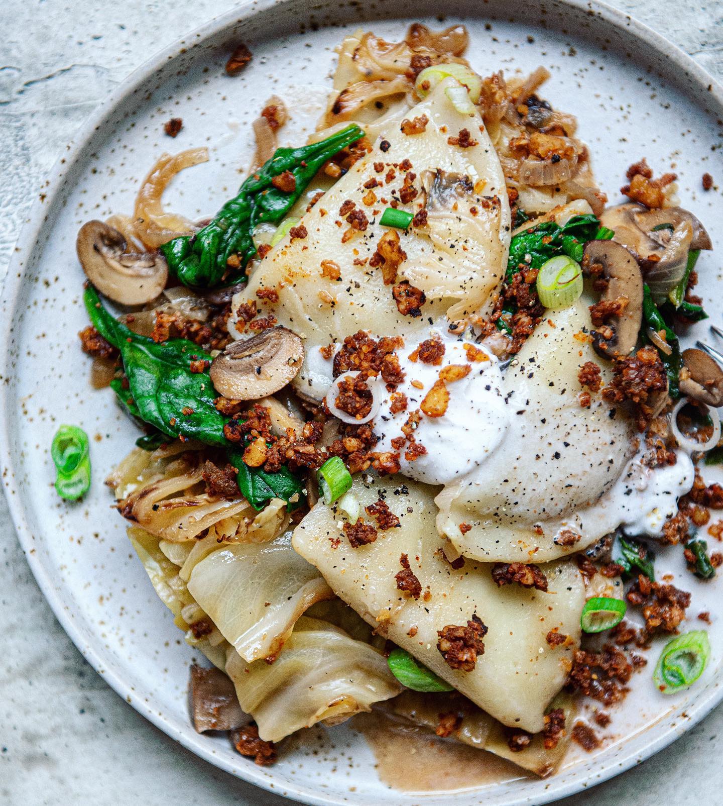 Braised Green Cabbage with Pierogis