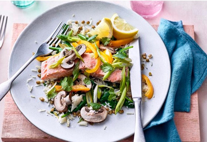 Baked Salmon with Spiced Lentils and Rice