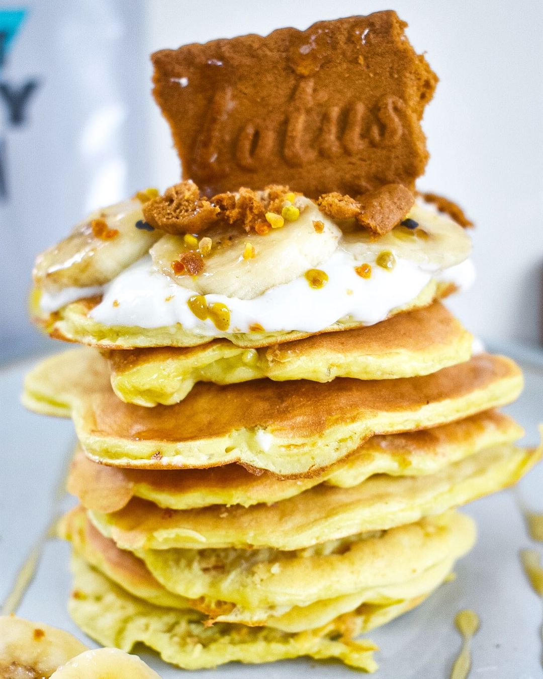 Biscoff Topped Protein Pancakes with Banana