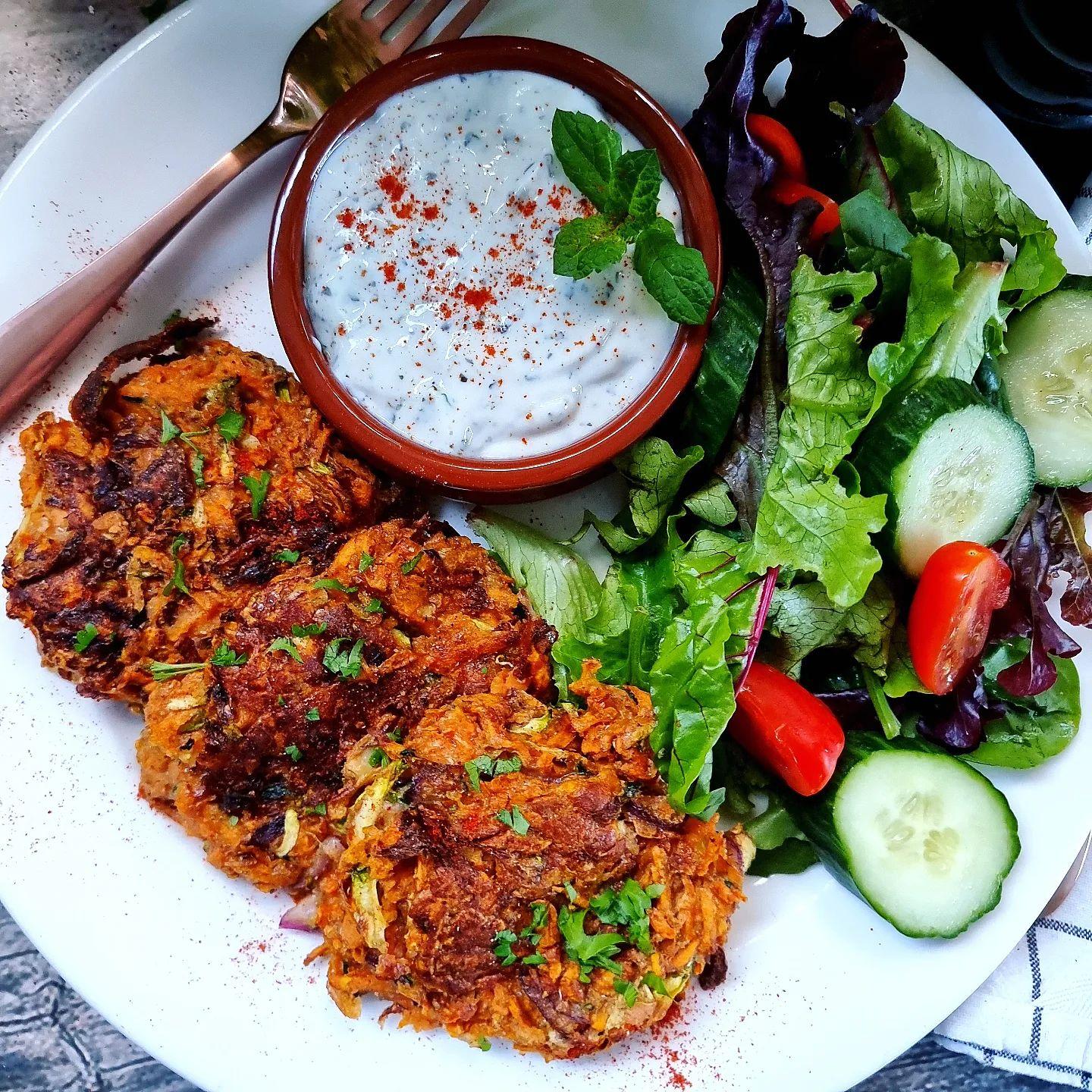 Sweet Potato & Courgette Fritters with Mint Yoghurt Dip