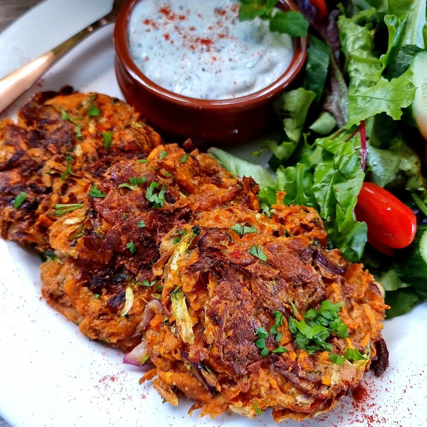 Sweet Potato & Courgette Fritters with Mint Yoghurt Dip