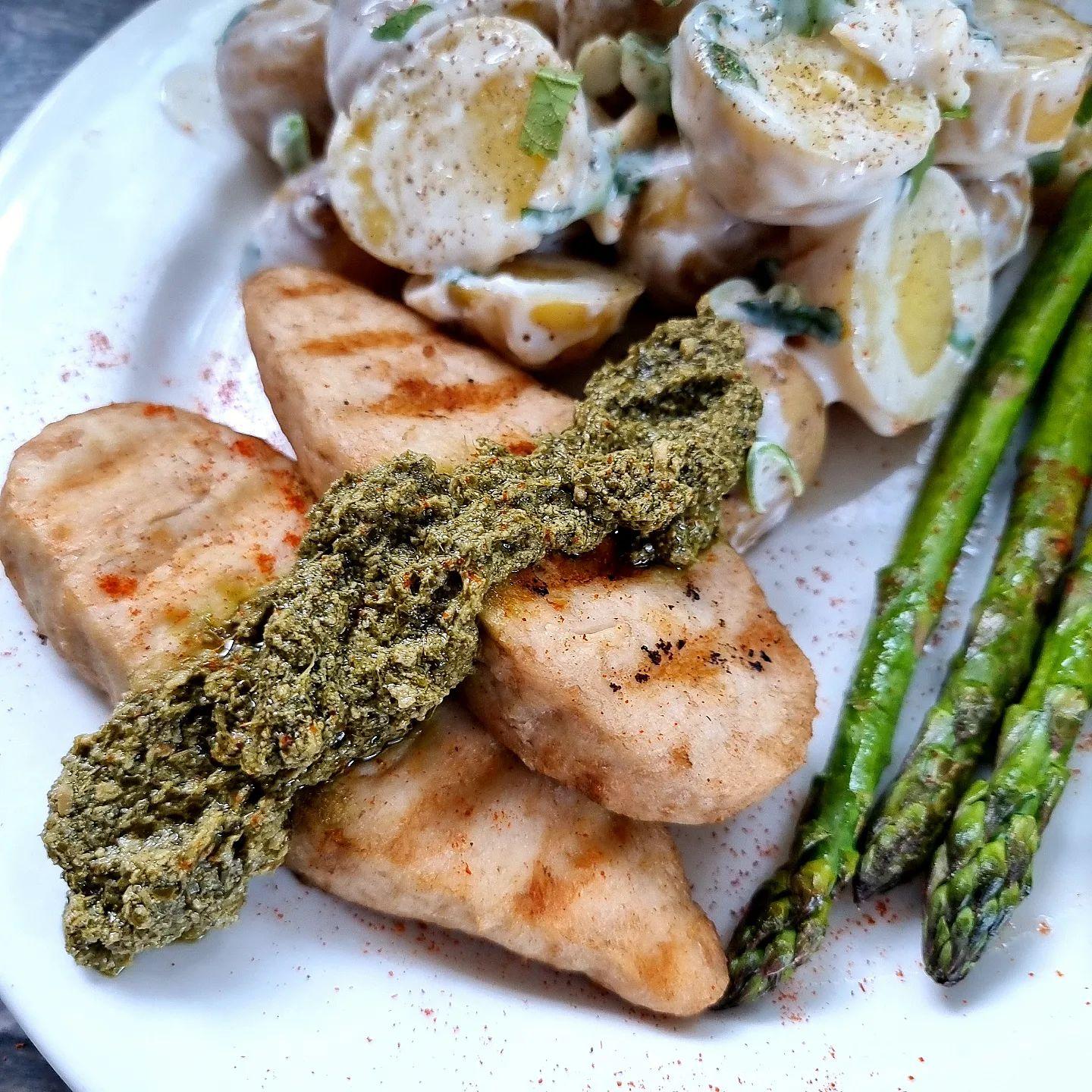 Pesto Chick'n Fillets with Mint Potato Salad and Griddled Asparagus