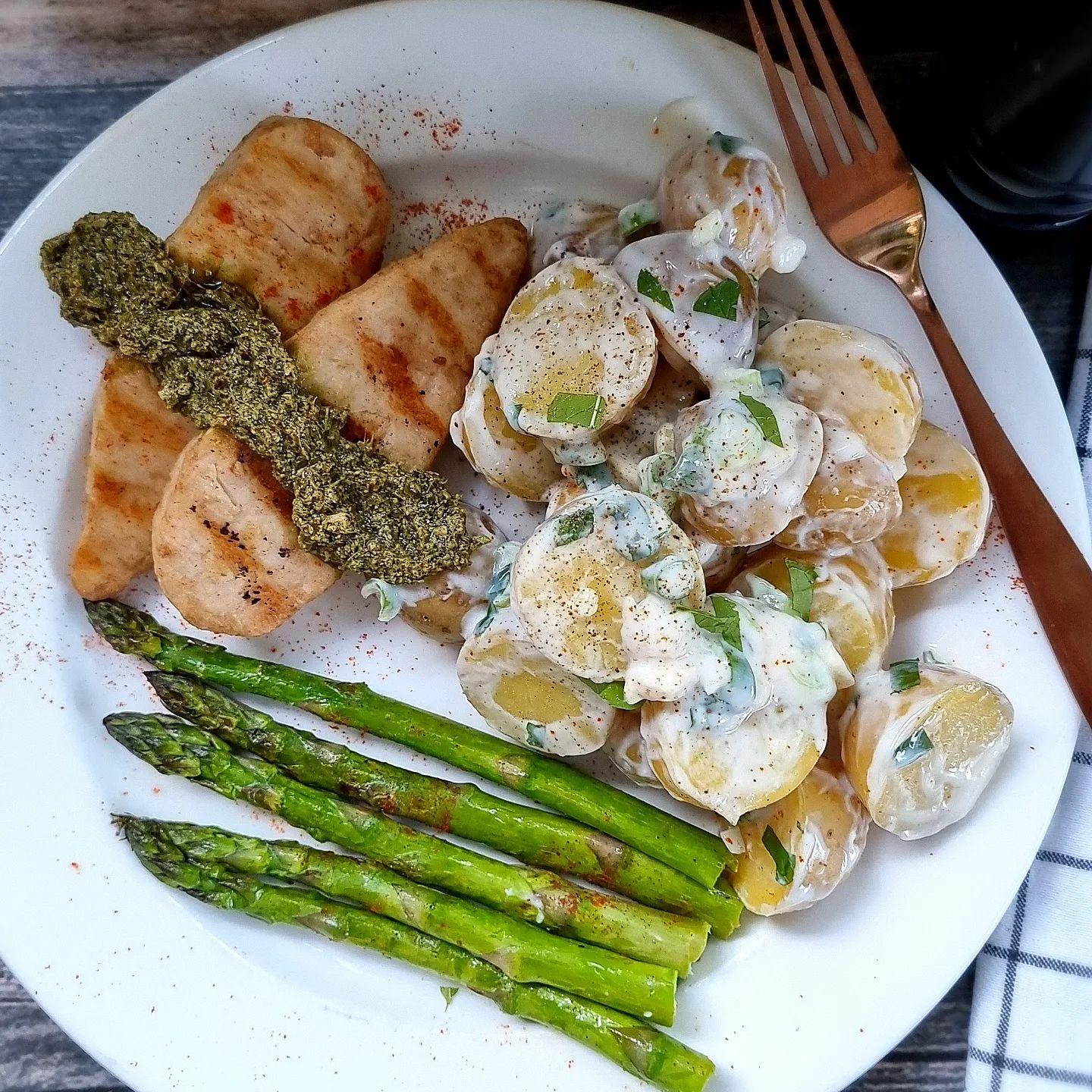 Pesto Chick'n Fillets with Mint Potato Salad and Griddled Asparagus
