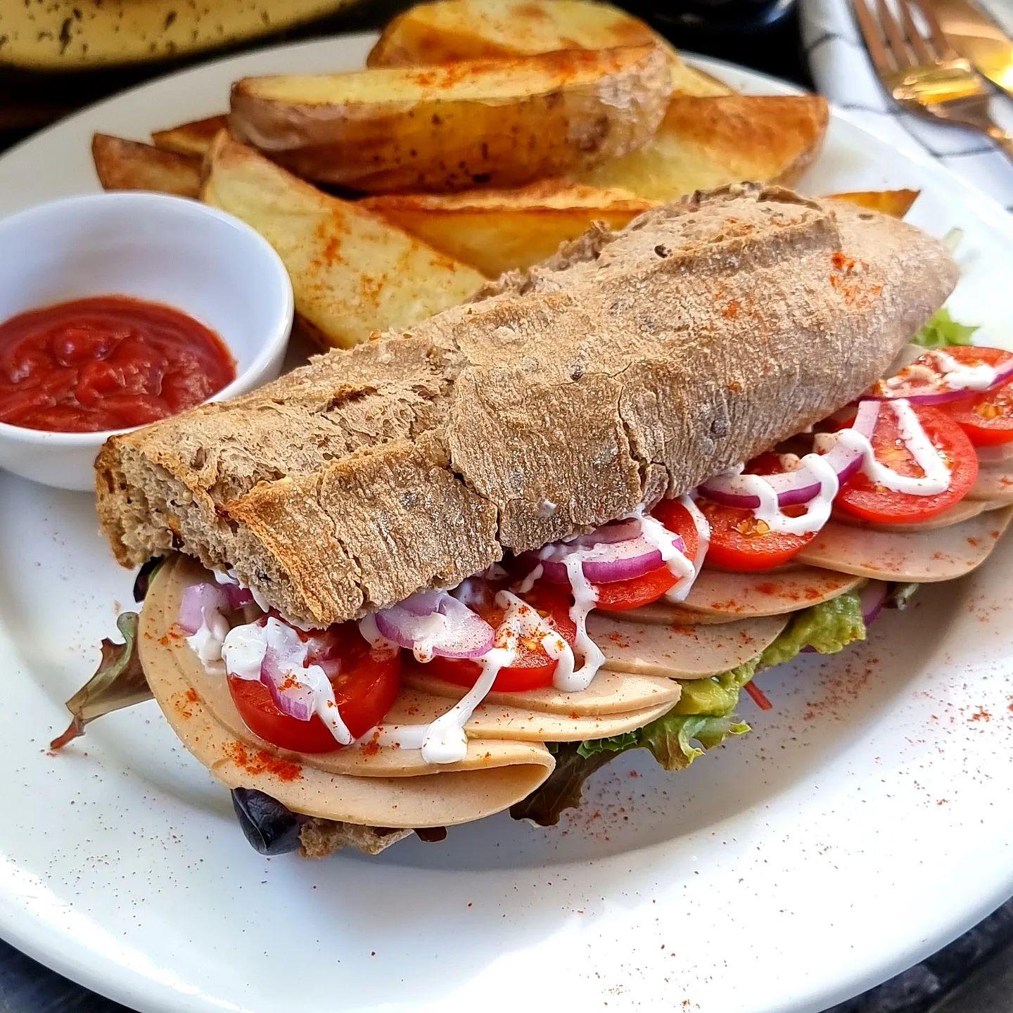 Vegan Chicken Salad Baguette with Potato Wedges